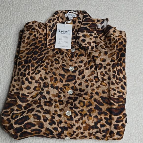 991 NWT Vitamin A Playa Linen Boyfriend Shirt - Lux Leopard EcoLinen Sz XS - Picture 2 of 7